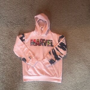 Children’s Marvel Pink Hoodie with Black and Multicolor Design - size 12